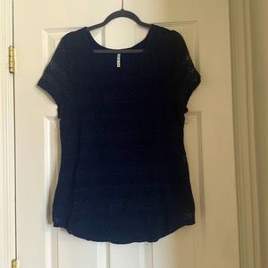 Navy Blue Lace Scoop Neck Short Sleeve Top